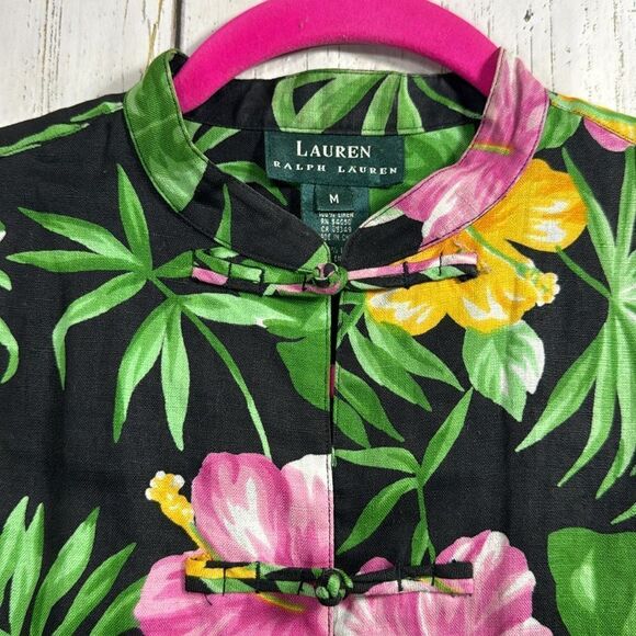 Lauren Ralph Lauren Tropical Floral Linen Mandarin Jacket Hibiscus Resort Boho - Picture 2 of 14